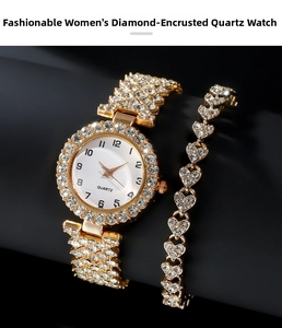 Detailed close-up of golden quartz watch and bracelet set with white rhinestones
