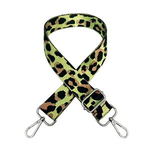 Macro detail of leopard print nylon bag strap with silver metal lobster clasps