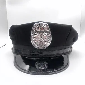 Classic black police hat with silver eagle badge and shiny visor for cosplay costume