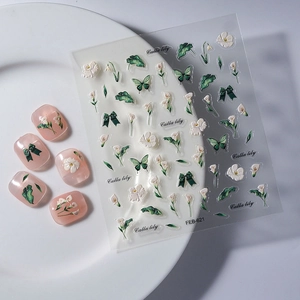 Self-adhesive floral nail art stickers with Calla lily and green butterfly designs