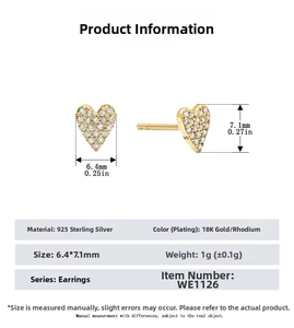 Detailed size chart for 925 sterling silver heart stud earrings with cubic zirconia