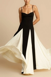 Detail of color-block slip dress with sweetheart neckline and flowing maxi hemline