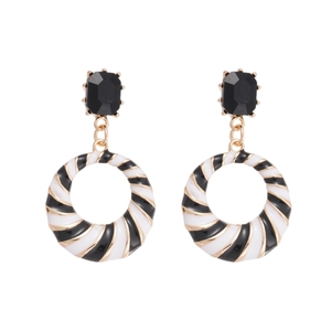 Vintage geometric drop earrings with black rhinestones and spiral striped round pendants