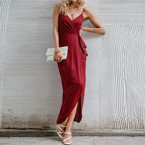 Spaghetti Strap Maxi Jurk Dames Sexy V Hals Hoge Split Rugloos Effen Kleur Polyester Slim Fit Party Clubwear