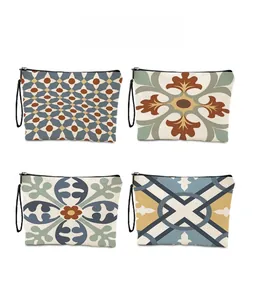 Detail view of four canvas makeup bags with geometric and bohemian ethnic patterns