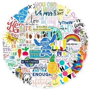 Close-up of colorful waterproof stickers with various English motivational quotes and slogans