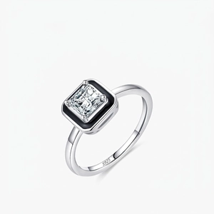 Bague Zircon Carré Argent Sterling 925 Émail Noir Bijoux De Mode Géométriques Modernes Tendances Pour Femmes