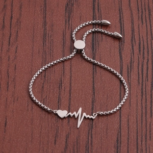 Adjustable stainless steel heartbeat heart charm bracelet in silver with sliding chain
