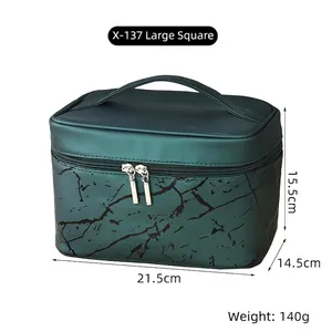 Waterproof PU leather cosmetic bag with dark green marble pattern and dual metal zippers