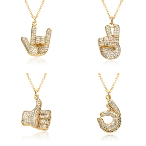 Hip Hop Hand Gesture Pendant Necklace Copper Micro Pave Zircon Rock Peace Sign Muscle Arm For Men Women Streetwear