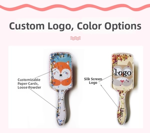 Close-up of cartoon hairbrushes with fox and owl prints featuring glitter-filled handles