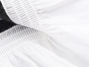 Macro shot of white smocked fabric detailing elastic pleats on the knit jacket