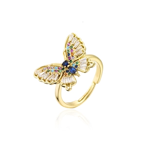 Detailed close-up of 18K gold plated butterfly ring with colorful cubic zirconia stones