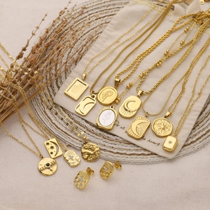 French vintage 18k gold plated stainless steel sun and moon pendant necklace set for women