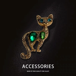 Vintage Cat Brooch Pin Zinc Alloy Animal Shape Antique Gold Finish With Green Crystal And Blue Rhinestone For Women
