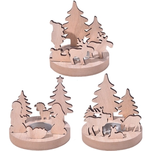 Lot de trois bougeoirs de Noël en bois avec motifs de renne et de nativité