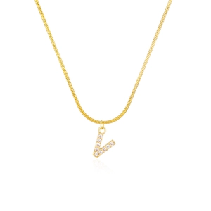 Detailed close-up of a golden snake chain necklace featuring a sparkling diamond-set letter V
