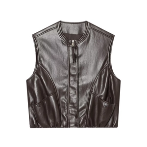 Women Faux Leather Vest Round Neck Zip Up Snap Button Side Pockets Sleeveless Biker Style Waistcoat Jacket