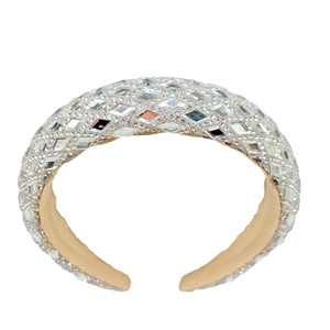 Baroque wide rhinestone headband in beige with sparkling silver crystals on white background