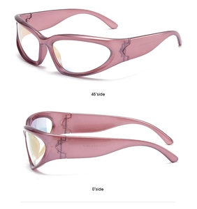 Side view detail of sporty wrap-around sunglasses with translucent pink frames and clear lenses