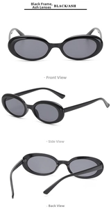 Three-way view of retro oval sunglasses featuring black frames and dark grey lenses