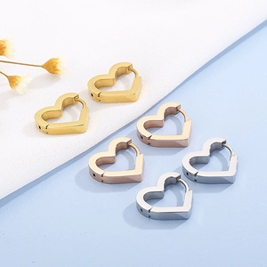 Minimalist heart-shaped stainless steel hoop earrings in gold, rose gold, and silver finishes