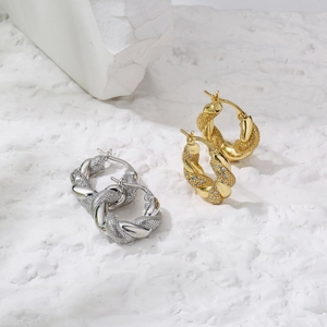 Twisted Rope Hoop Earrings Brass Gold Plated Cubic Zirconia Geometric Fashion Retro Jewelry For Women