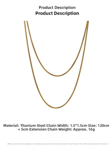 Detailed flat lay of 120cm gold titanium steel snake chain necklace on white background