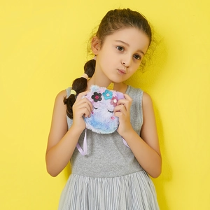 Cute kids plush unicorn crossbody bag with colorful gradient fur and sequin details