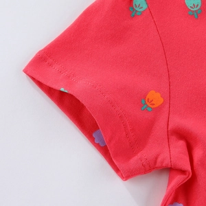 Abito da bambina in maglia di cotone a maniche corte con stampa di tulipani e doppia cucitura