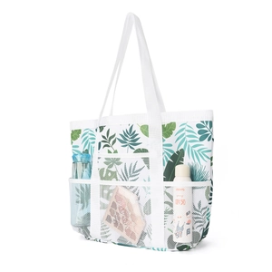 Große Strandtasche aus Mesh mit tropischem Blattmuster und mehreren Aufbewahrungstaschen