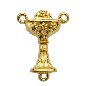 Detailed view of a gold-plated JHS chalice three-way rosary connector for DIY craft