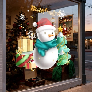 Christmas Window Stickers 3D Snowman Christmas Tree Glass Door Decals Static Cling PVC Double Sided Festive Decoration