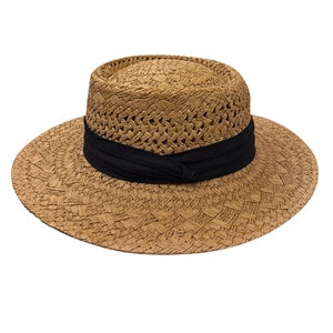 Handmade woven hollow boater hat with black ribbon for beach sun protection