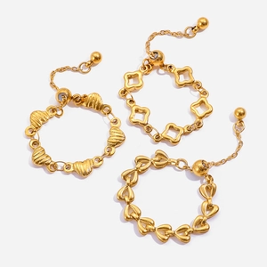 18K Gold Plated Stainless Steel Adjustable Chain Rings Heart Clover Geometric Pattern Vintage Hand Jewelry For Women