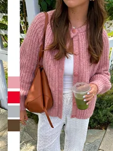Women Knit Cardigan Sweater Round Neck Button Down Long Sleeve Solid Color Cable Knit Polyester Loose Casual Outerwear