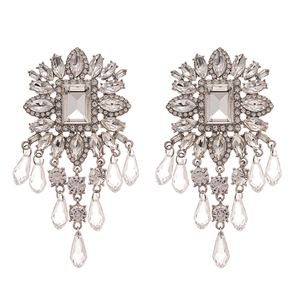 Luxury silver flower earrings with sparkling crystal tassels and rhinestones