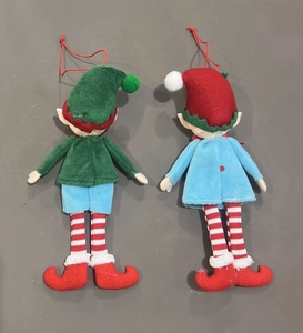 Detail of red and green plush Christmas elf ornaments in a handcrafted two-piece set