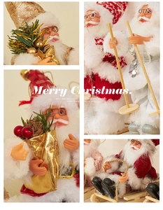 Detail shots of plush Santa Claus figurines skiing and on sleds with Merry Christmas text