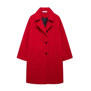 Women Woolen Like Mid Length Coat Loose Lapel Single Breasted Red Warm Autumn Winter Outerwear Jacket
