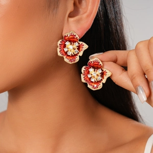 Vintage Red Flower Stud Earrings Enamel Rhinestone With 925 Sterling Silver Earring Post Retro Floral Jewelry For Women