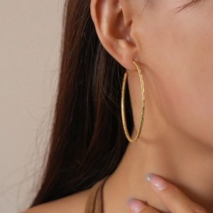 Detailed view of matte 18k gold plated round hoop earrings with fine textured finish