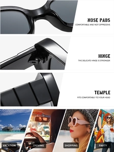 Detail of square sunglasses showing integrated nose pads, metal hinges and wide temples