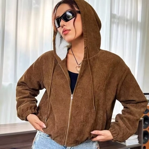 Damen Cordjacke Mit Kapuze Kunstpelz Gefüttert Reißverschluss Kurz Geschnitten Locker Vintage Lässig Mantel