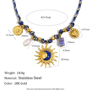 18K gold plated stainless steel sun and moon pendant necklace with pearls and beads