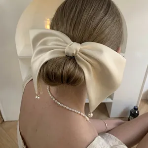 Large Satin Bow Hair Clip With Faux Artificial Pearl Pendants Elegant French Style Spring Clip Hair Accessory For Women