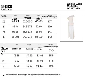 Detailed size chart for the one-shoulder slit dress with measurements from XS to L in cm