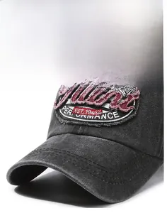 Detailed close-up of vintage washed grey cotton baseball cap with 3D letter embroidery
