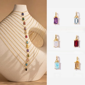 Pendant Necklace Stainless Steel 18K Gold Plated Rectangular Zircon Birthstone Vintage Style Jewelry For Women