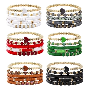 Bohemian Layered Bracelets Polymer Clay Heishi Metal Beads Heart Pendant Elastic Jewelry Fashion For Women
